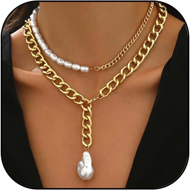 Gold Baroque Pearl Pendant Necklace for Women Chunky Pearl Cuban Chain Necklace Layered Pearl Chain Y Necklace Trendy Birthday Jewelery Gifts