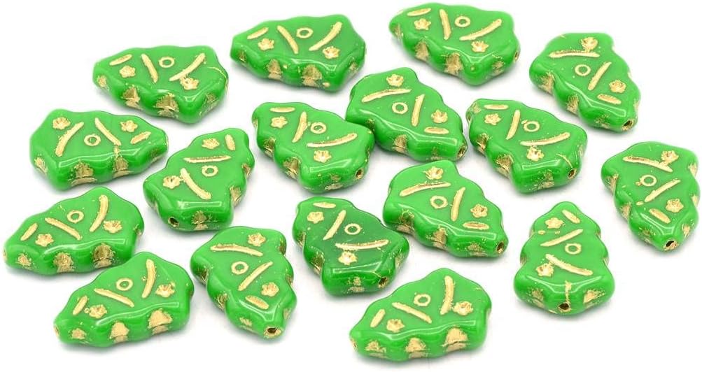 100pcs Pressed Beads Christams Tree 17 x 11 mm, Opaque Green Gold Lined (53320-54202), Bohemia Crystal Glass, Czechia 11130444