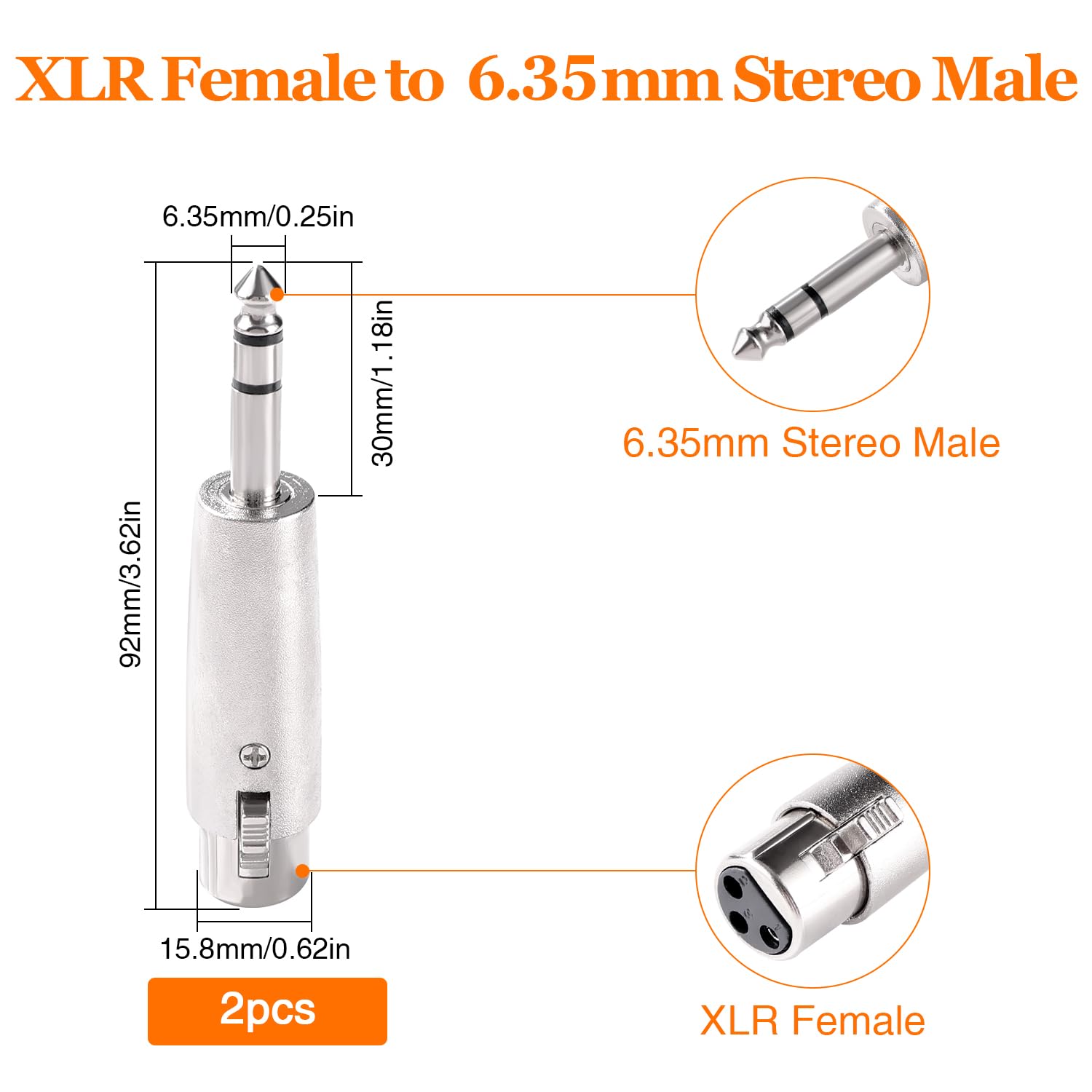 KUOQIY 2 PCS 3-Pin XLR to 6.35mm Adapter, XLR Female to 1/4" TRS Male Stereo Audio Microphone Adapter - Image 2