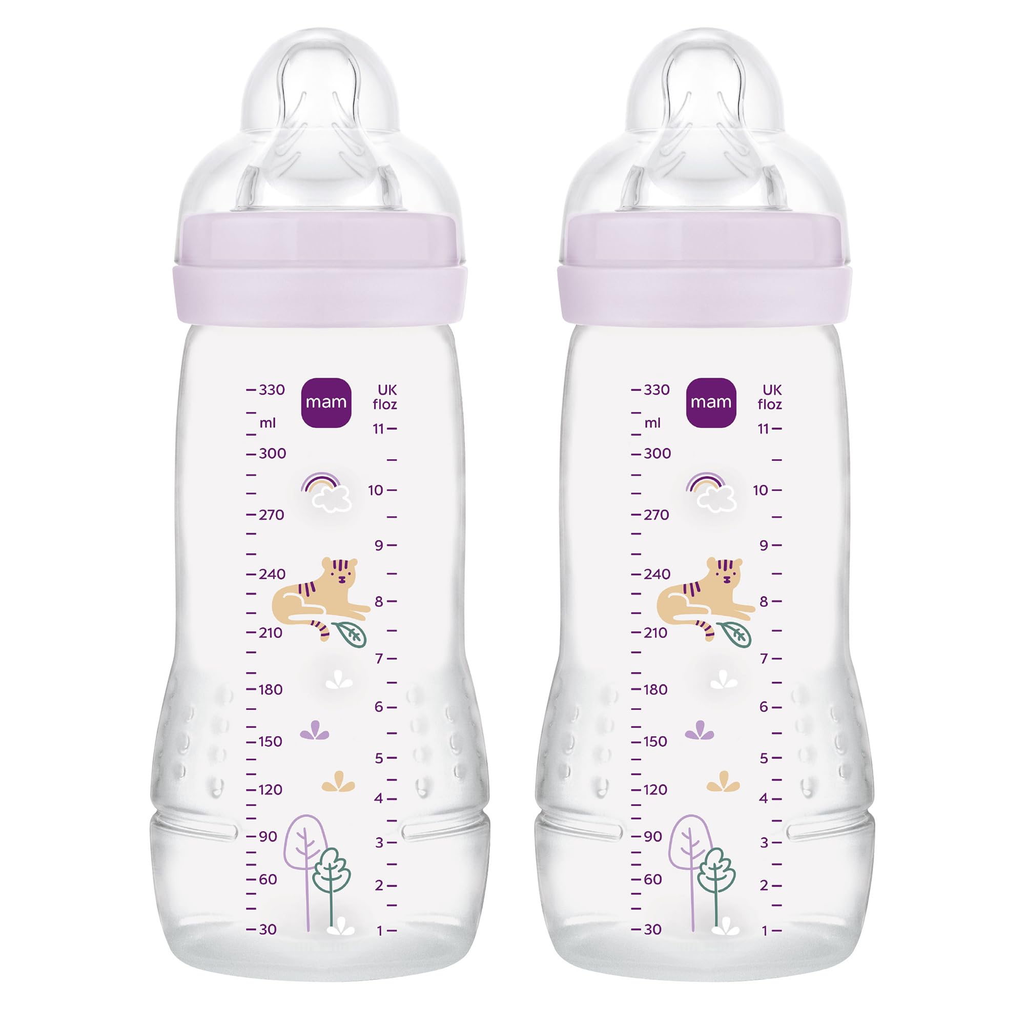 MAM Pack 2 Biberones, a partir de 4 Meses, 330ml, con Tetina 3 de Flujo Rápido de Silicona de Fácil Aceptación, Fácil de Sostener, Fácil de Limpiar, MAM Easy Active, Purple, Pack de 2uds