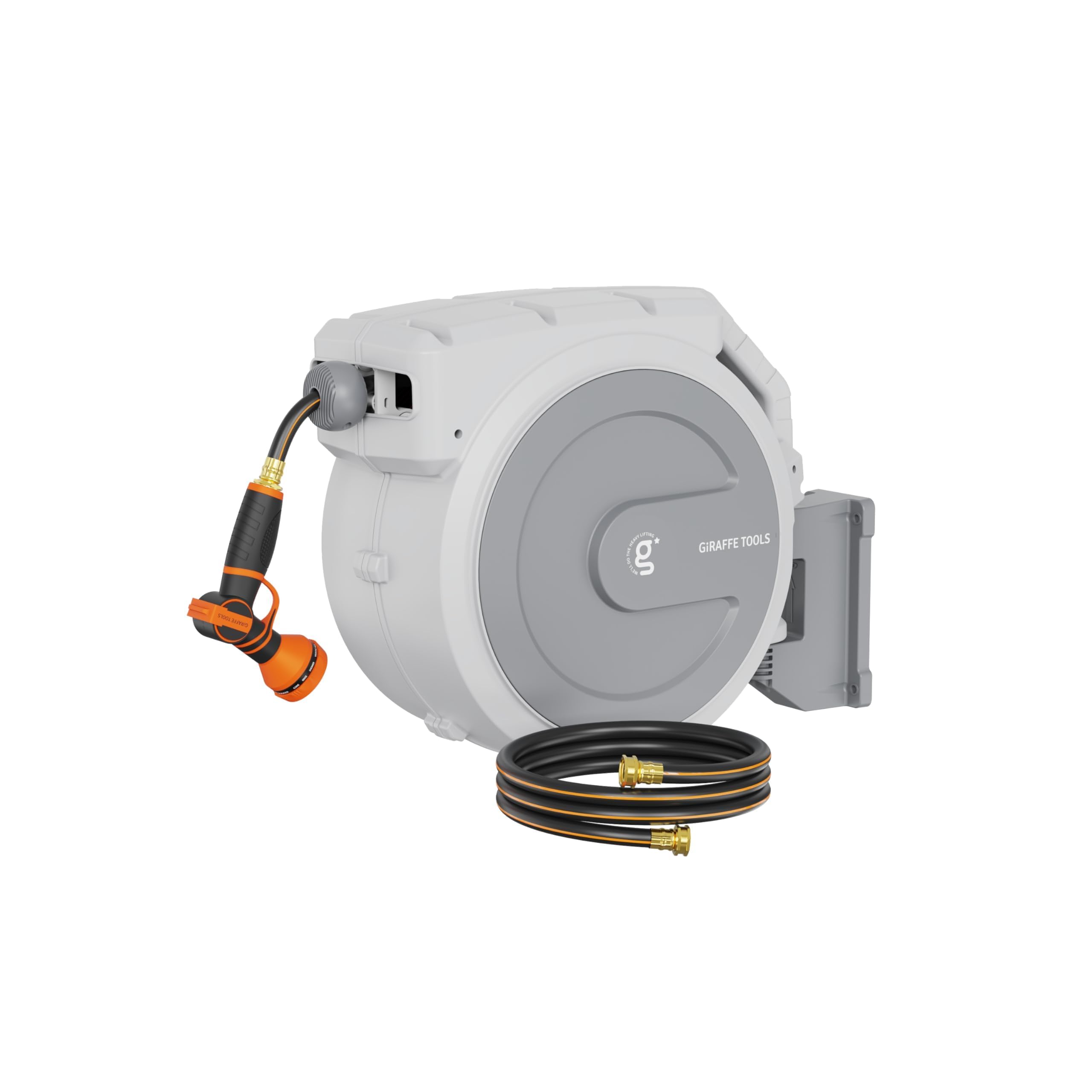 Photo 1 of Giraffe Tools Heavy Duty Retractable Garden Hose Reel 1/2 130 FT, Wall Mounted with 9 Pattern Nozzle & Detachable Leader Hose, 180° Swivel Bracket, Any Length Lock, Commercial Grade (Light Grey)