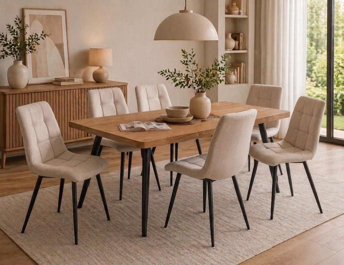 M1C - Pack 6 Sillas Verona, Sillas de Comedor Estilo Moderno, Ergonómicas, Asiento y Respaldo Tapizados en Tela, Patas Metálicas con Recubrimiento en Polvo (Beige)