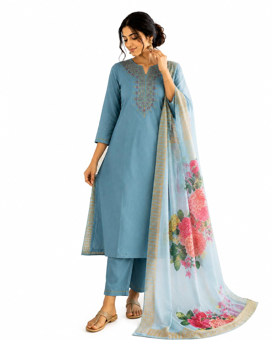 Women's Embroidered Kurta Pant with Floral Dupatta Set-image-39