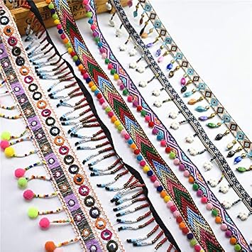 Tassel Fringe Trim,Curtains Foil Fringe, 1 Yard Braided Tassel Fringe Trim Bohemian Beads Lace Ribbon Pompom Trim Sewing Garment Shoes Bag Making Accessories Color 9 Color 8  Color 108