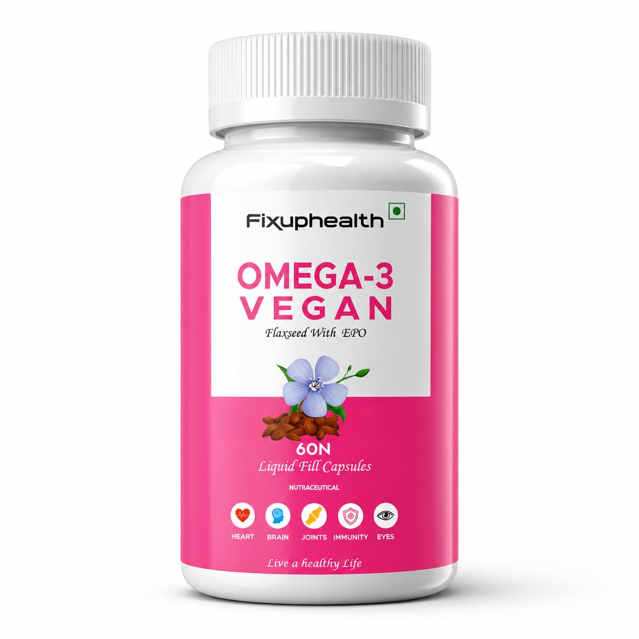 Fixuphealth Omega 3 Vegan Capsule with Flaxseed Evening Primerose Oil Nutrition Supplement For Healthy Hair Skin Joint Brain Muscles Heart And Bones 60 Liquid Filled Veg Capsules with EPO Pack Of 1-image-18