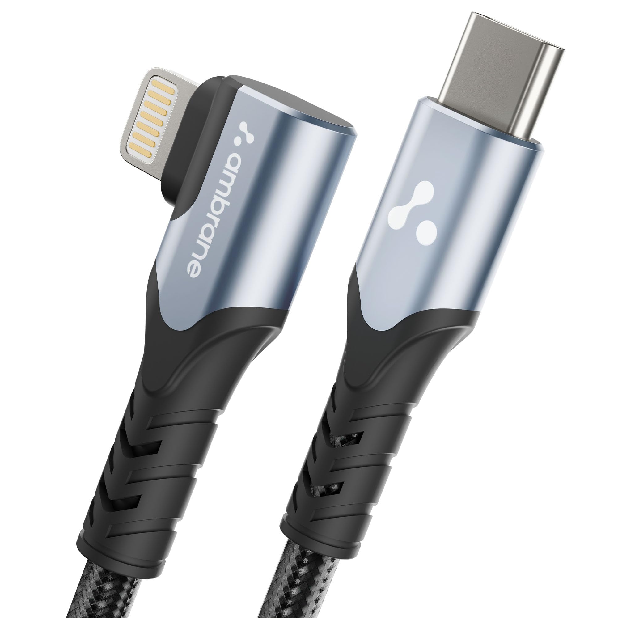 AmbraneType-C to Lightning Braided Cable, 27W Fast Charging, 480Mbps Data Sync, Compatible with iPhone, iPad, Macbook, iMac, AirPods (50% Charge in 30 mins), Power Delivery (ABLTL-10, Silver)