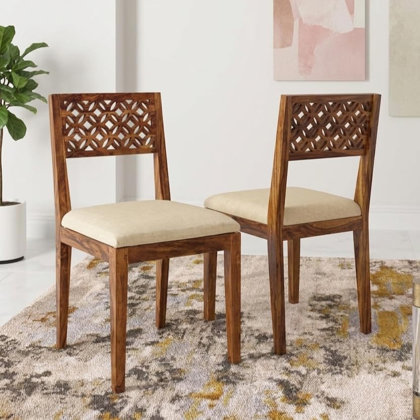 Image of Amazon Brand - Solimo Sheesham Wood CNC Dining Chair with Cushoin, Set of 2 Wooden Study Chairs for Living Room Home Office (Natural Finish)