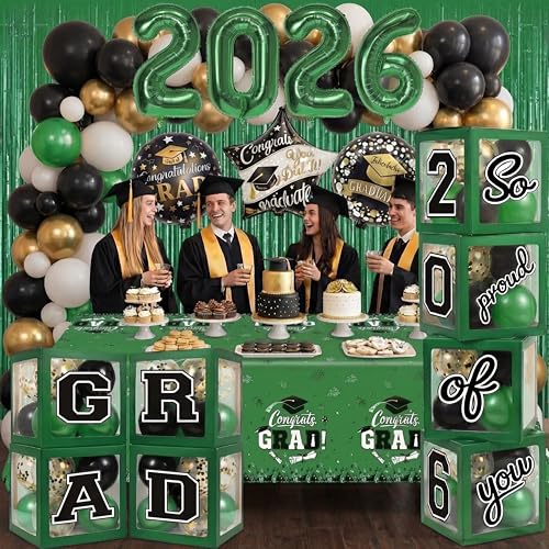 Image of Black and Green Graduation Decorations Class of 2026 - Graduation Balloon Boxes, Balloon Arch Garland Kit, Party Decorations 2026 for Any Grades