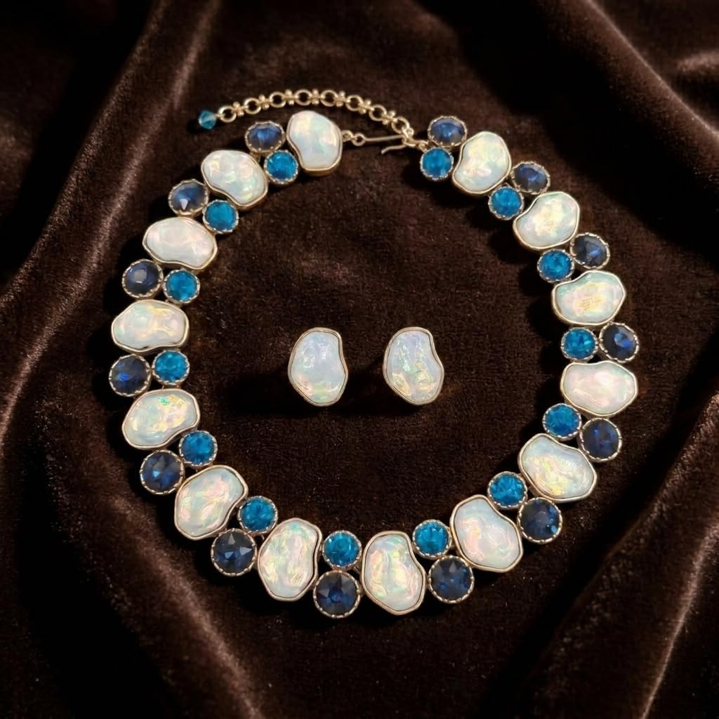 Boho Resin Opal Chunky Choker Statement Necklace Earrings Set for Women, Antique Gold Plated Jewelry Set with Blue Crystal Accents, Vintage Boho Iridescent Stone Bridal Jewelry Set for Wedding