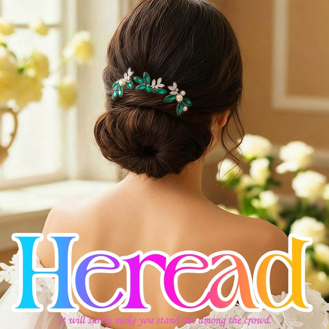 Heread Green Crystal Bride Wedding Hair Pins Silver Pearl Bridal Hair Pieces Rhinestones Leaf Hair Accessories for Women and Girls (Pack of 3) - Image 7