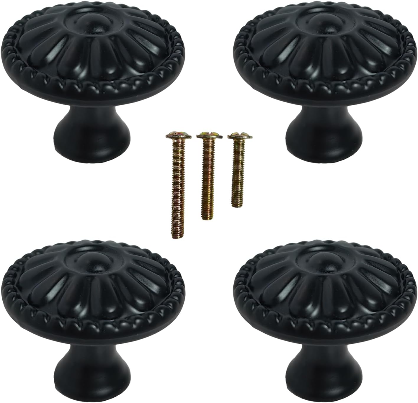Matt Black Kitchen Cabinet Knobs Pulls, Matte Round Farm House Dresser Knob Drawer Handles for Vintage Closet Door, Victorian Floral Pattern 4-Pack