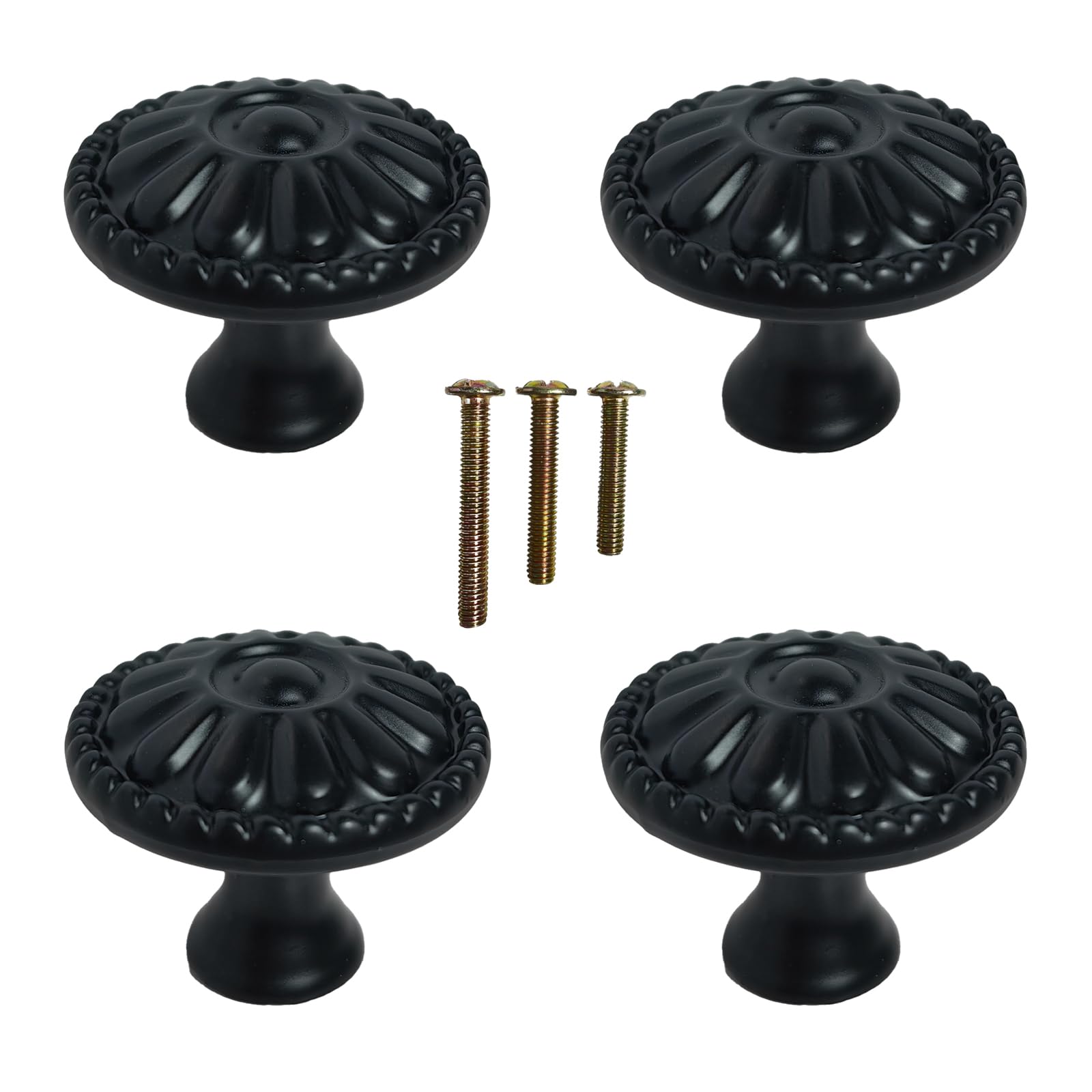 Matt Black Kitchen Cabinet Knobs Pulls, Matte Round Farm House Dresser Knob Drawer Handles for Vintage Closet Door, Victorian Floral Pattern 4-Pack