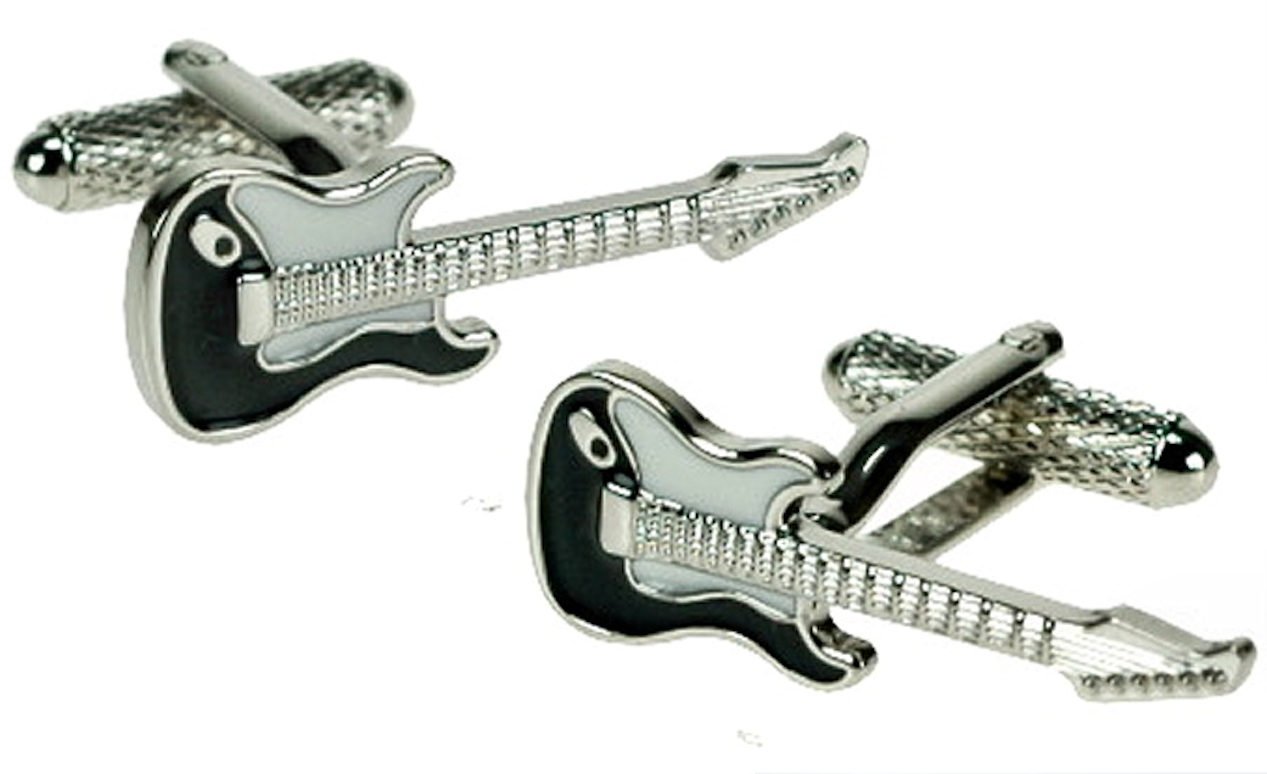 Onyx - Art London Men's Black White And Polished Silver Finish. Black & Silver Electric Guitar Cufflinks