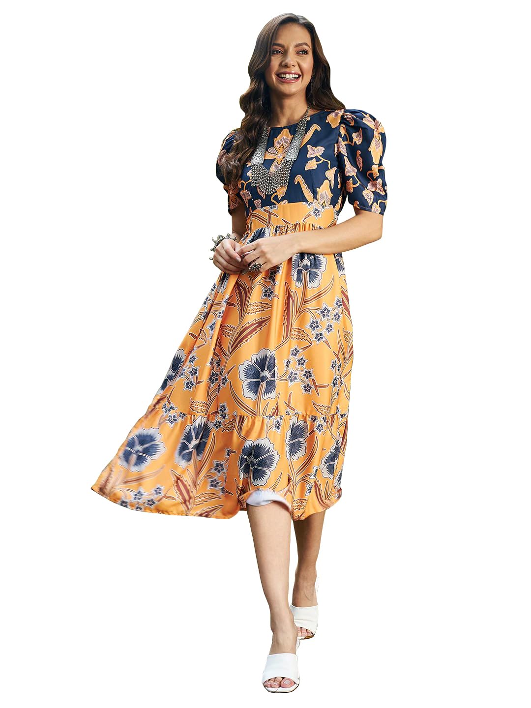 Sugathari Women's Orange Creap Solid Floral Boat Neck A-Line Dress For Women (Dress2 111 Orange Xl)