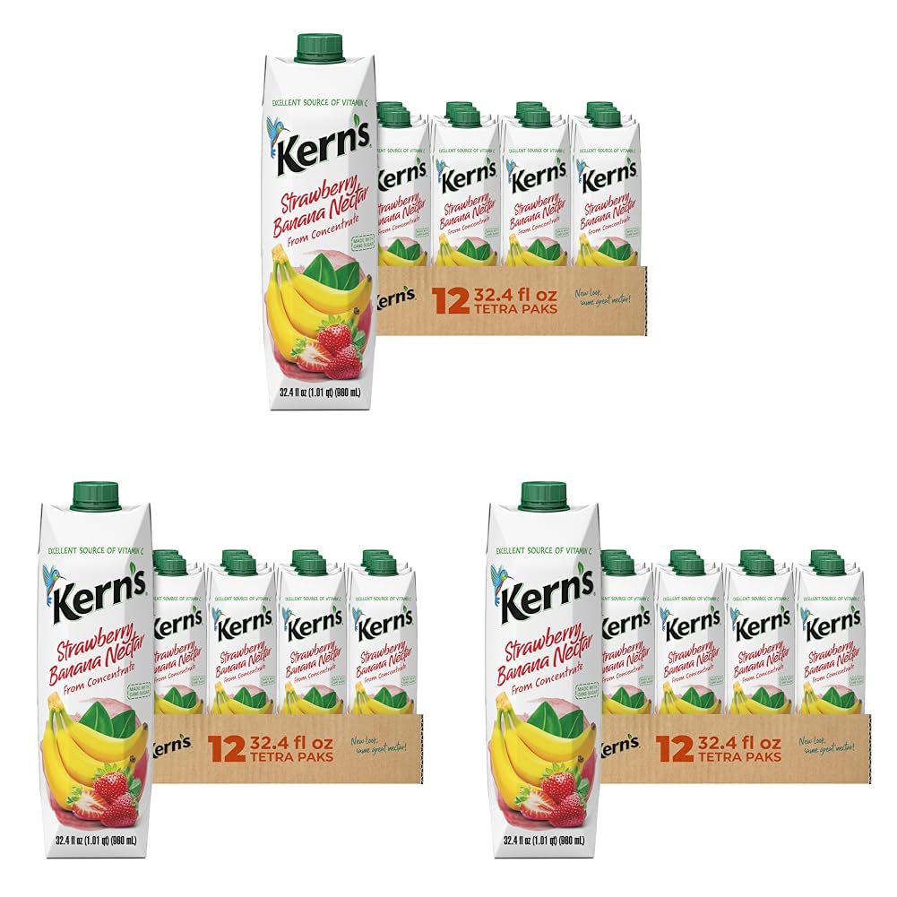 Kern’s Strawberry Banana Nectar Juice - Made with Fresh Fruit Puree - Tropical Fruit Juice Concentrate for Smoothie Mix, Cocktail Mixers, Kids Drinks & Mexican Beverages - 32.4oz, 36 Pack Carton