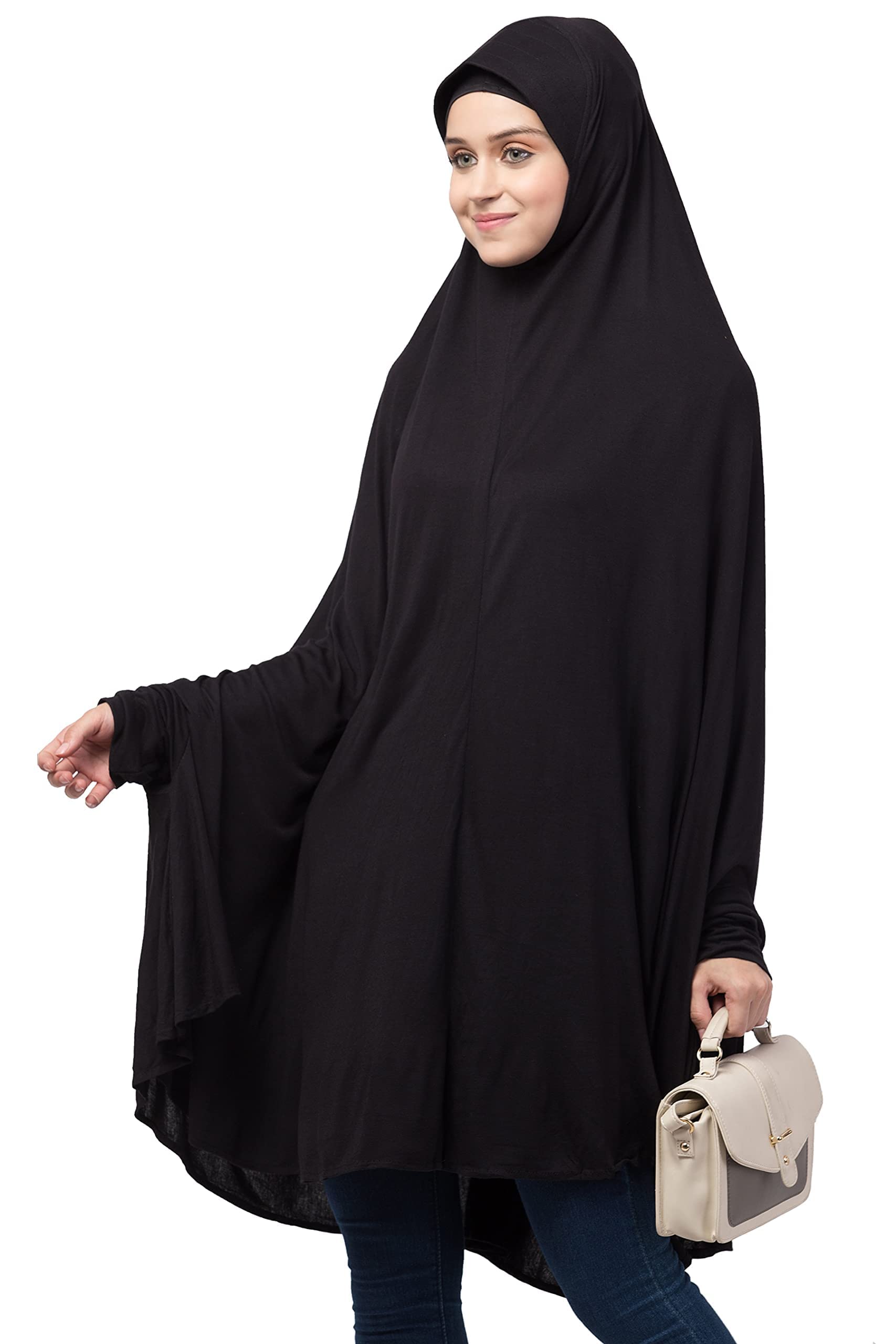 nazneen stretchable with sleeve, knee length Jilbab cum prayer khimar Hijab (ELASTICK BLACK KHIMAR)-picture-20