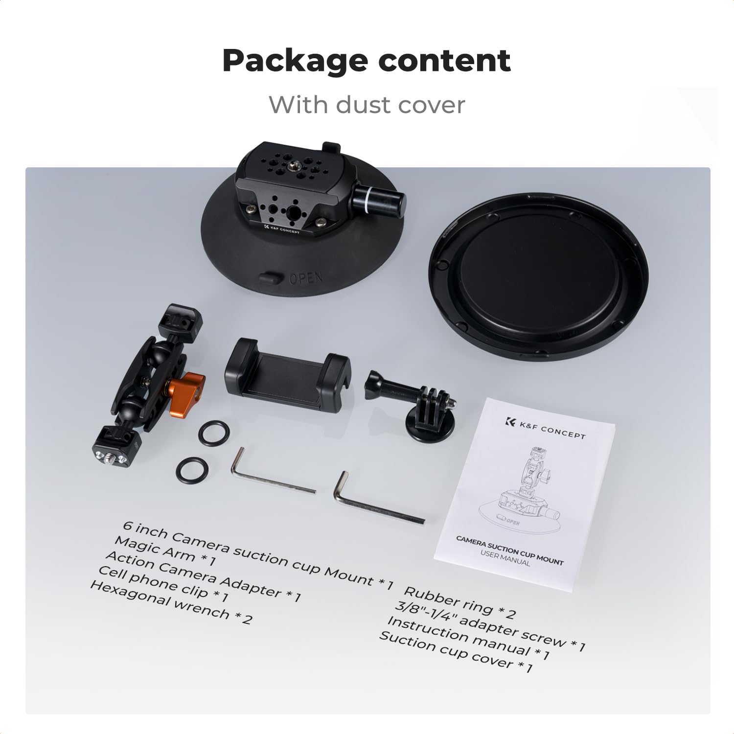 K&F CONCEPT 6" Saugnapfhalterung mit Kugelkopf, 1/4" 3/8" Gewinde | Für Insta360 X5 X4, GoPro, DJI Osmo Action 5, Handy, Auto, 360° verstellbar, MS46