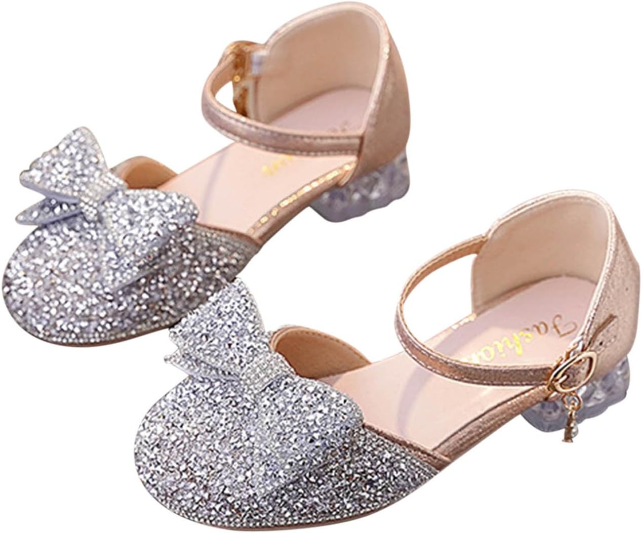 Girls Dress Shoes 2026 Sparkly Glitter Bow Low Block Heel Ankle Strap Princess Party Little Kids Toddler Footwear