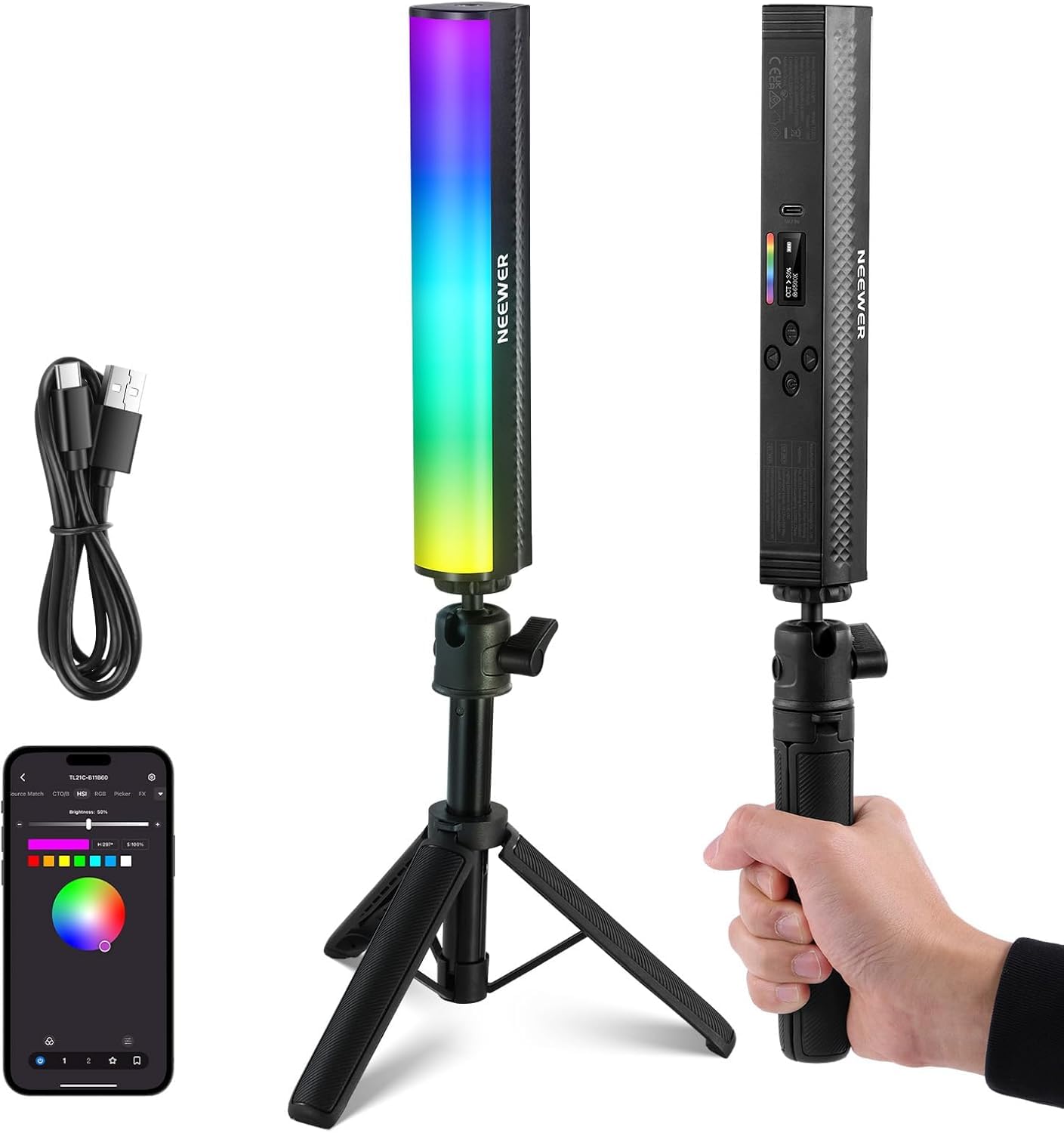 NEEWER Barra Luminosa RGB con Treppiede da Tavolo, Controllo APP, Stick Luce Magnetico per Foto Video, Luce Tubo LED a Colori Dimmerabile 2500K-8500K CRI95+ 17 Scene per Vlog, Batteria 2550mAh, TL21C