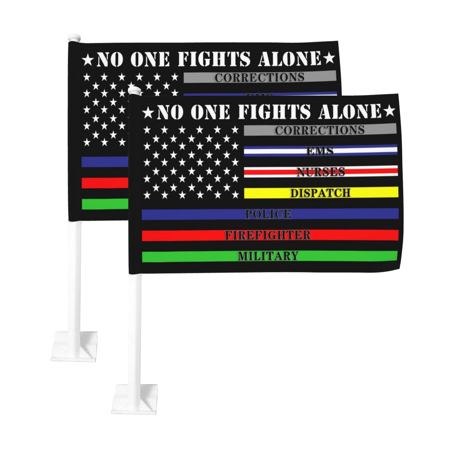 2 Pack No One Fights Alone Multi Thin Line Car Flag 12 X 18 inch Double Side First Responder Sign Car Window Flags