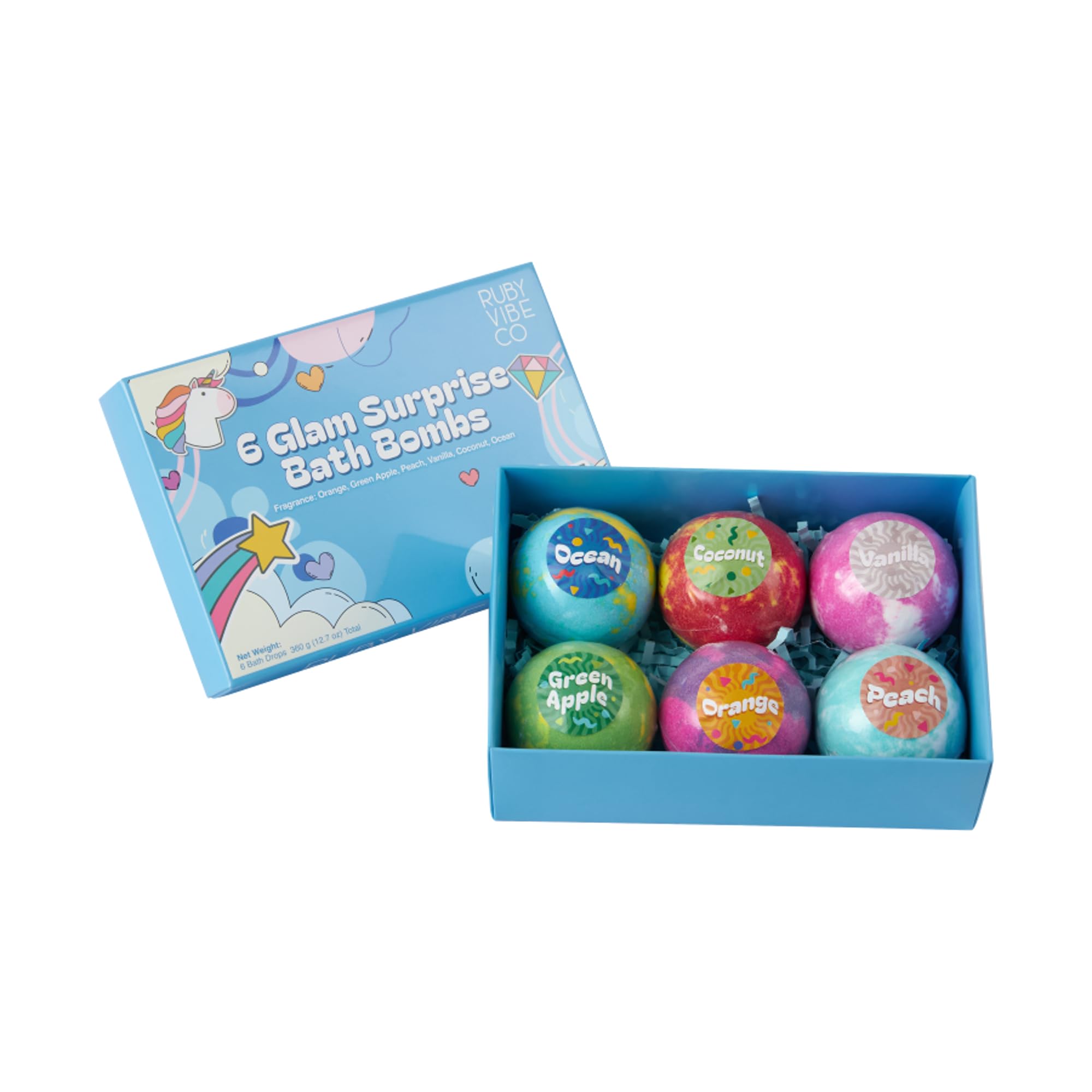 Bath Bombs for Kids, 6 Surprise Bath Bombs with Hidden Accessories Inside, Moisturizing Bath Fizzies with Shea Butter & Cocoa Butter, Orange, Green Apple, Peach, Vanilla, Coconut & Ocean Scents