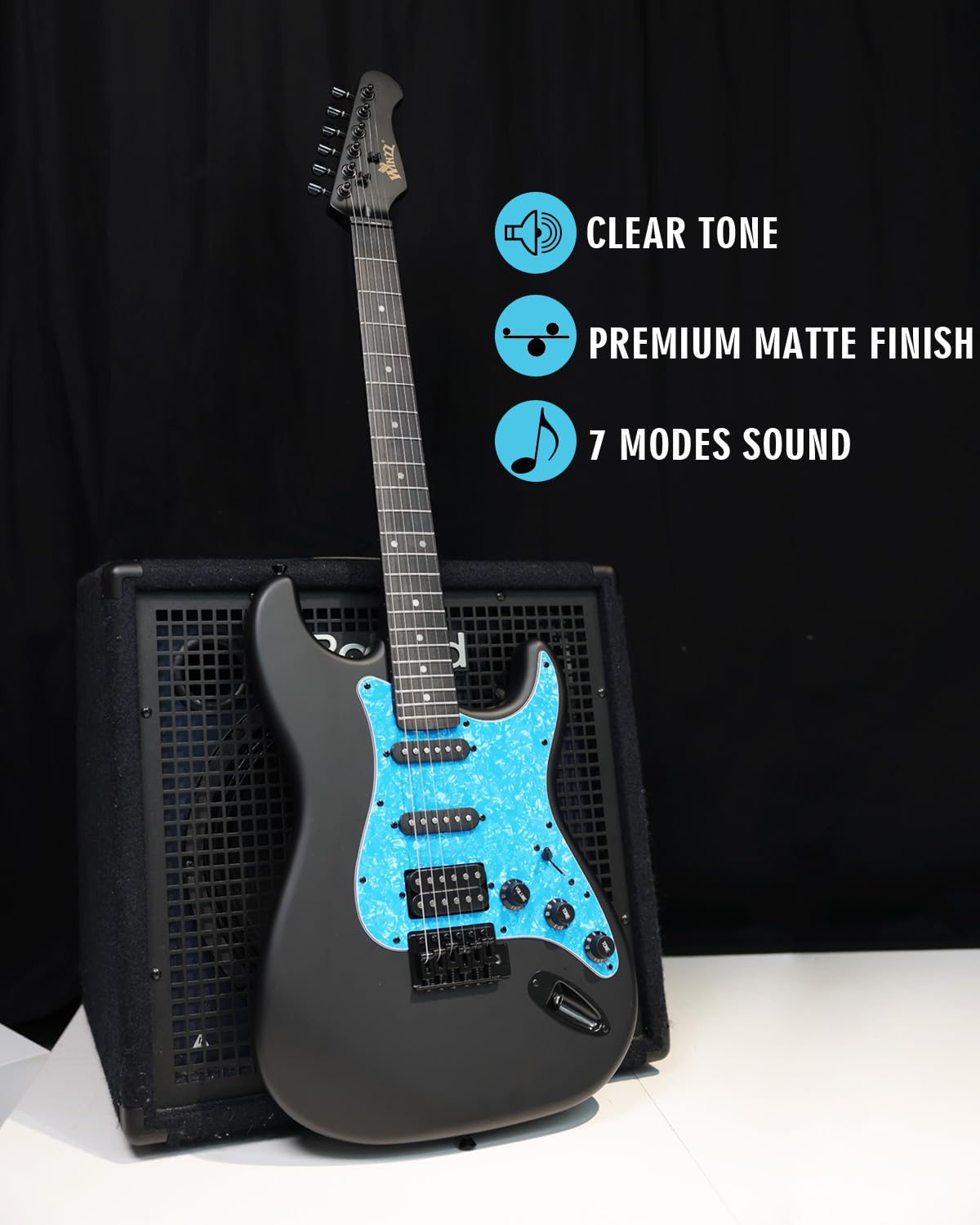 Winzz Erwachsene E-Gitarre 4/4 Größe, ST HSS Tonabnehmer, für Anfänger Starter Paket mit 12 Zubehör, Ideal Kinder E-Gitarre Kit 12+ Jahre (39" Matte Schwarz, Blau Schlagbrett)