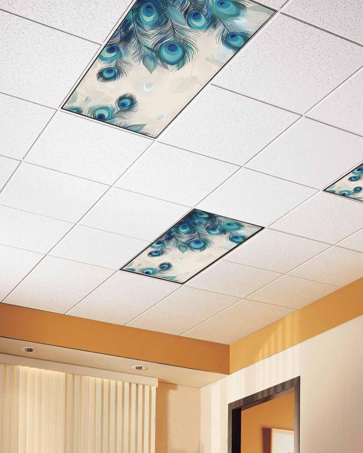 Fluorescent Light Covers for Ceiling Lights Teal Peacock Feather Magnetic Light Filters 4 Pack 4x2 ft Green Ceiling Light Cover for Classroom Office School Home Drop Lamp Decor