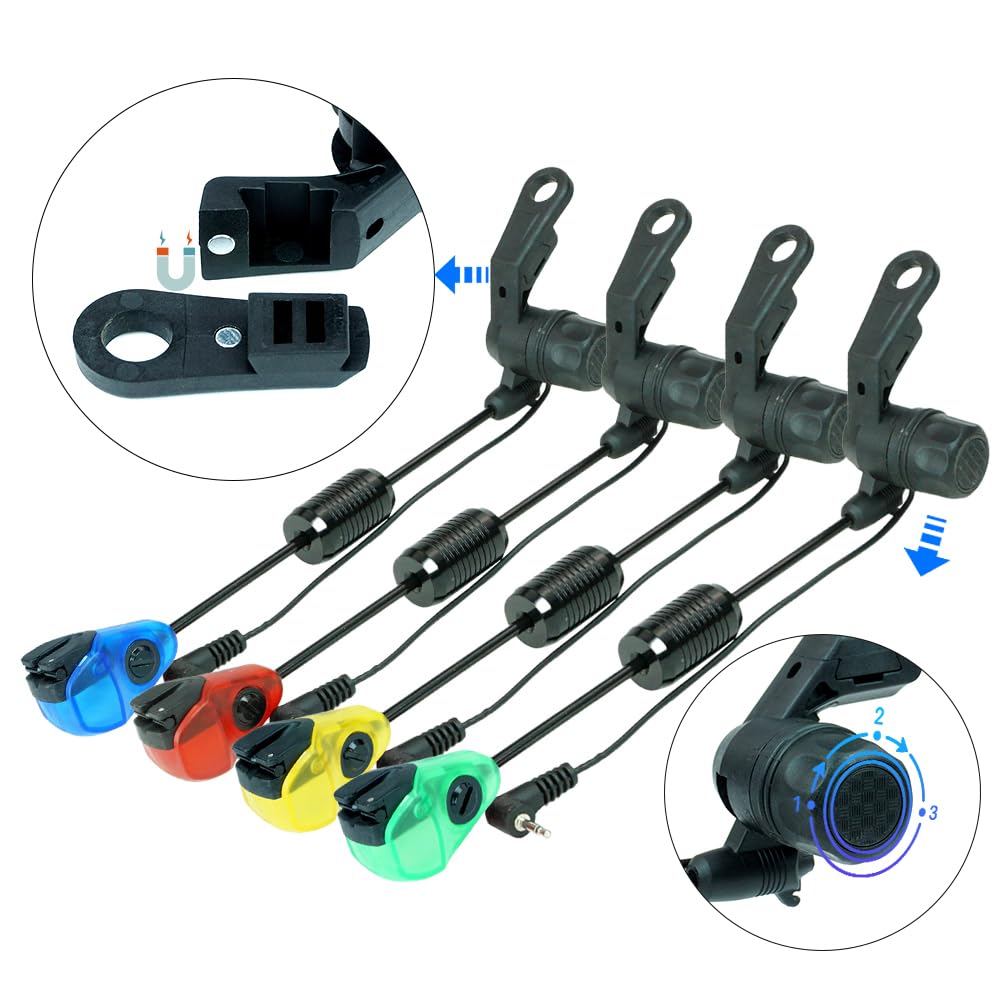 Hirisi Tackle Scambisti per pesca alla carpa, 4 pezzi, copertura protettiva, luci a LED, in acciaio inox, indicatore di morso per scambisti, accessorio per la pesca, elasticità regolabile, 3 livelli