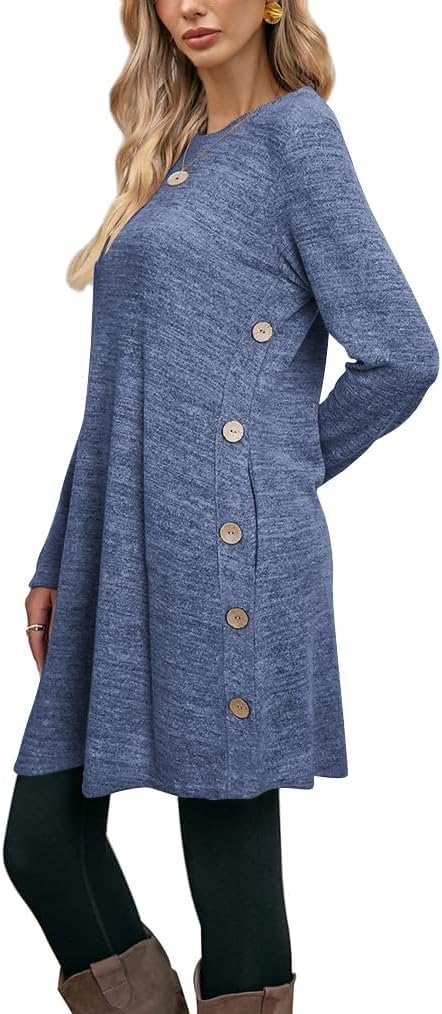 Poetsky Womens Tunic or Tops to Wear with Leggings Long Sleeve Side Buttons Swing Casual Long Shirts with Pockets S-3XL - Image 3