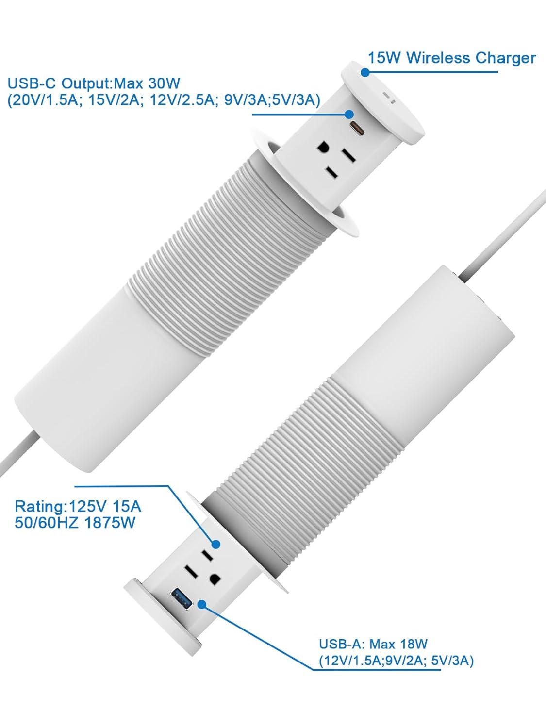 2.5'' Pop up Outlet for Countertop with 15W Wireless Charger, 30W USB C,4 USB Ports,4 Outlets,Pop Out Power Electrical Outlet 15Amp 1875W,ETL Listed,Countertop Outlet for Home Kitchen Office (White)