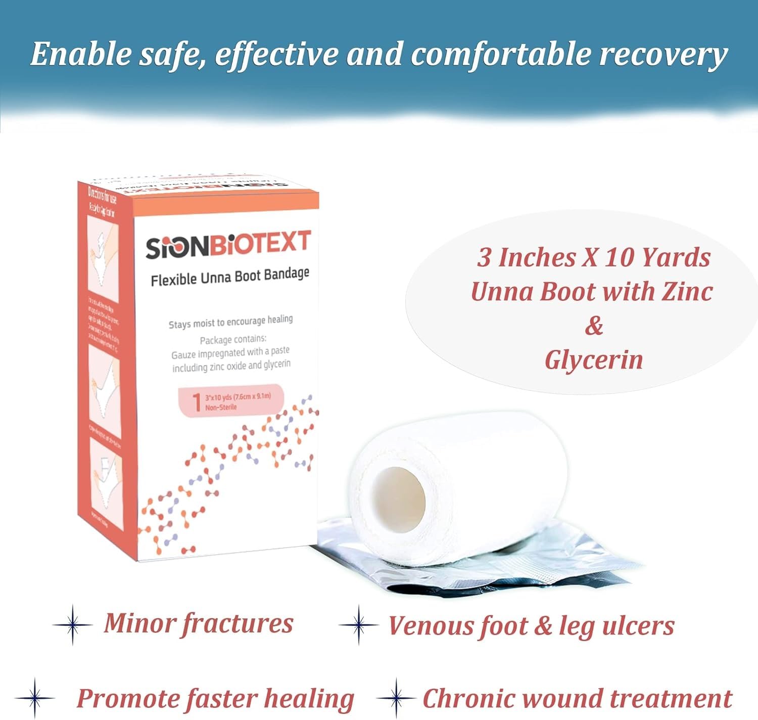 Sion Biotext Unna Boot with Zinc Flexible Compression Bandage Maintain Moist Healing Environment Medical Dressing Wrap Gauze - EMS First Aid Supplies - 3 Inches X 30 Foot Roll