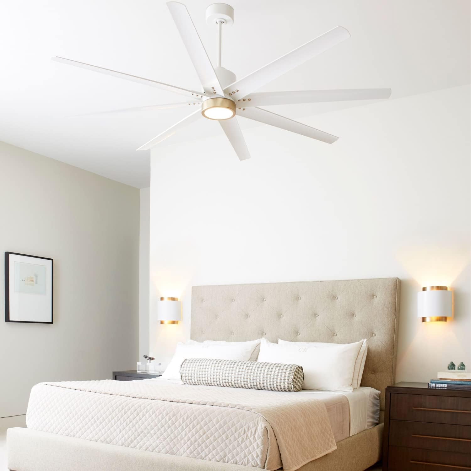LUZAIRE DESIGN Oxygen 3-108-6 I Fleet 72" Modern 8 Blade Ceiling Fan with Wall Control - White/Aged Brass I Six Speed Reversible Motor With Remote Control