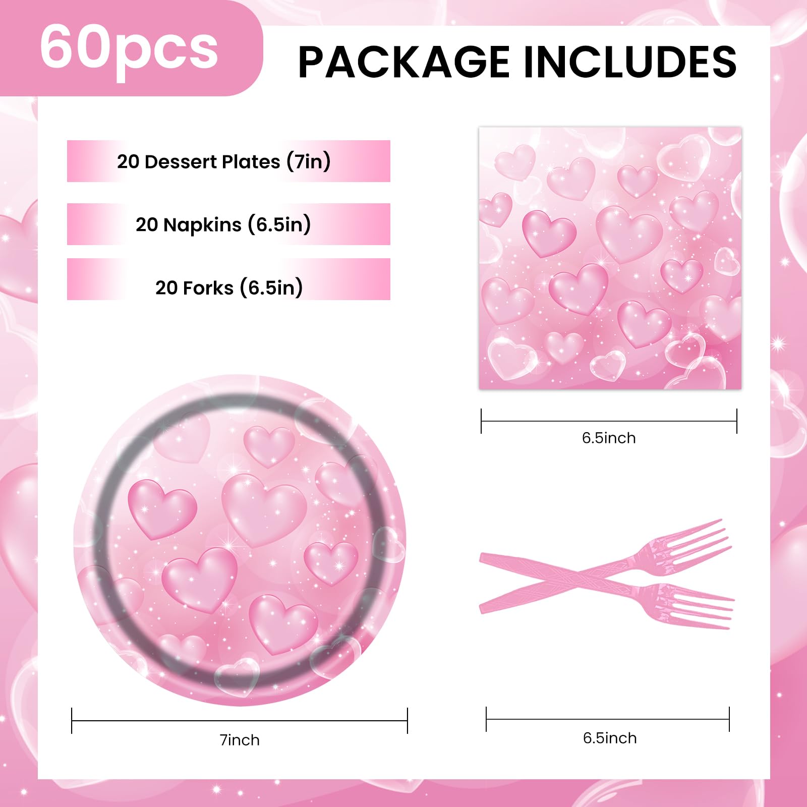 Condition photo showing Brand New for valentines day party decorations 7inch paper plates and napkins forks disposable set serves 20 - pink hearted galentines day party supplies for afternoon tea,gatherings,weddings cake dessert(60 pcs)