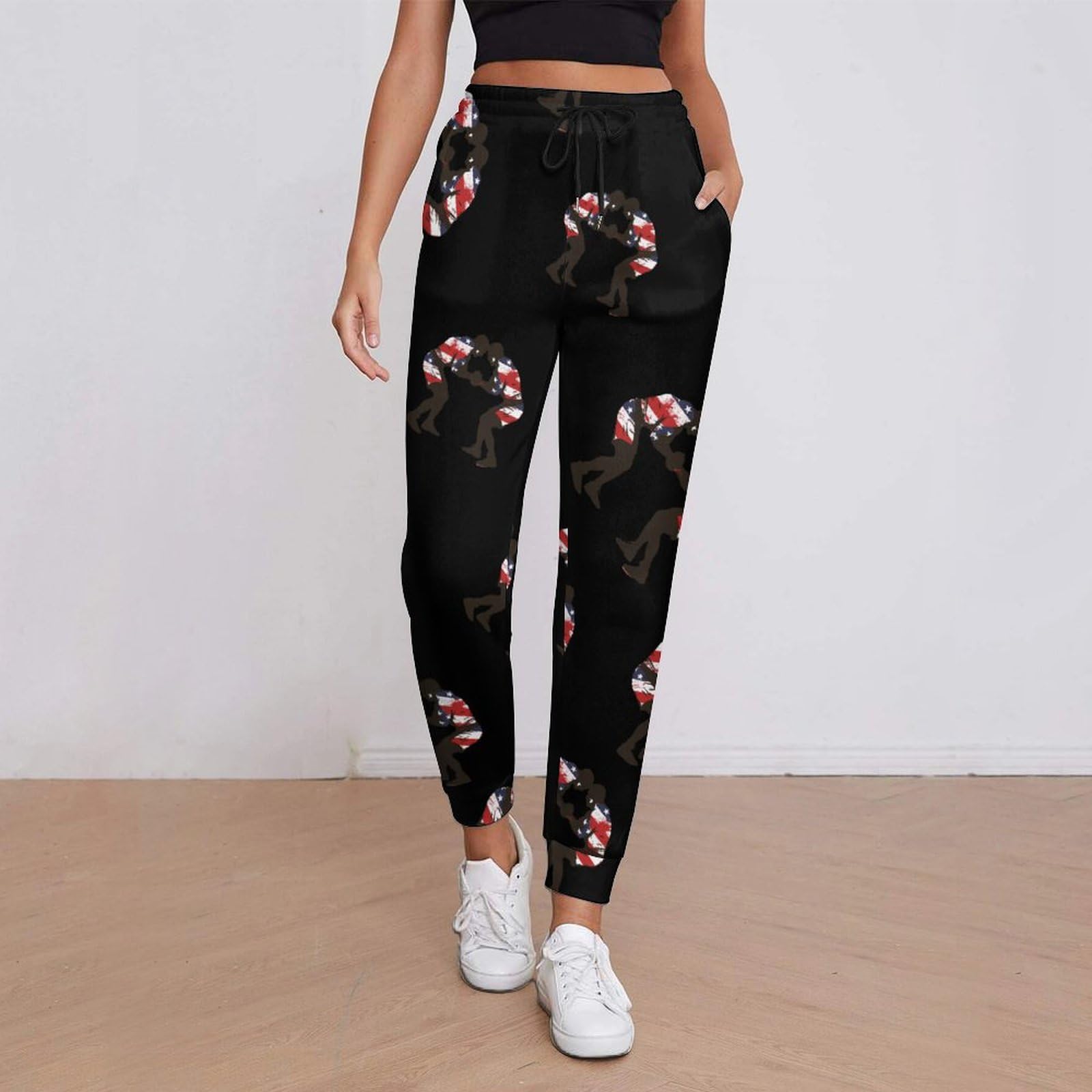 Pantaloni da Jogging con Coulisse da Donna, Pantaloni da Yoga con Tasche, Bandiera Americana, Wrestling