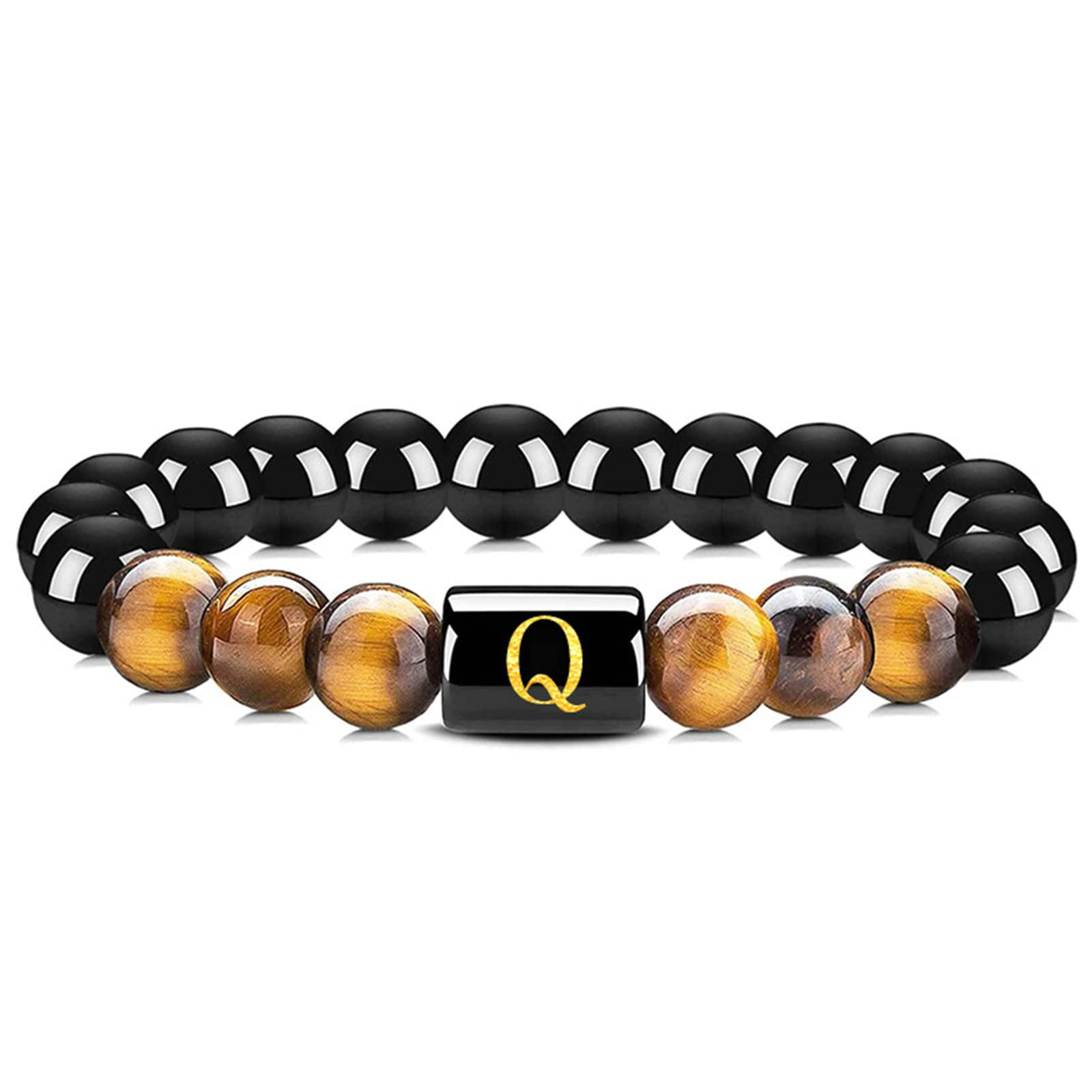 Naturstein-Armband für Damen, Tigerauge-Obsidian-Perlen-Buchstabe AZ-Armband, Stretch-Armbänder für Herren, 16,7 cm