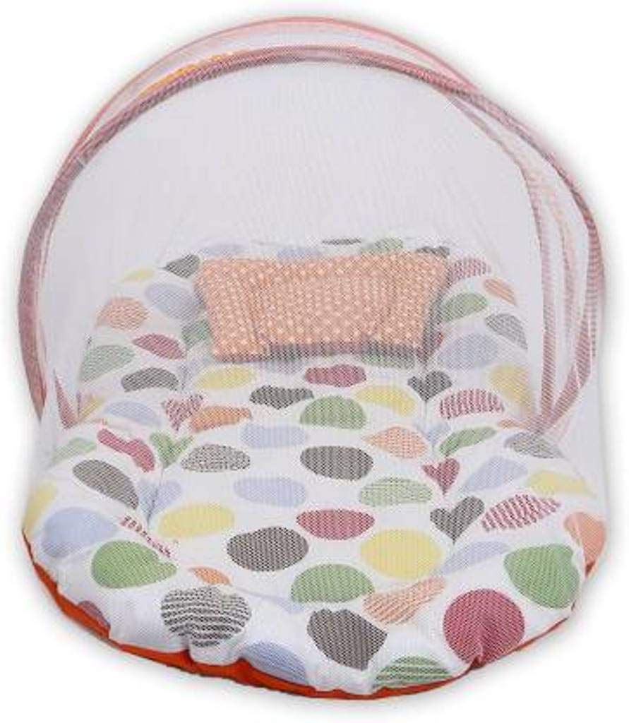 Baby's Thick Pure Cotton Polka Dots Bedding Set with Mosquito Protective Net and Pillow (Orange, 0-18 Months, 91 x 62 x 10 cm)