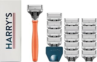 Harry's Original Truman Shaving Kit for Men: Razor Handle, 15 Blade Refills, Travel Cover - German Engineered Orange Razor