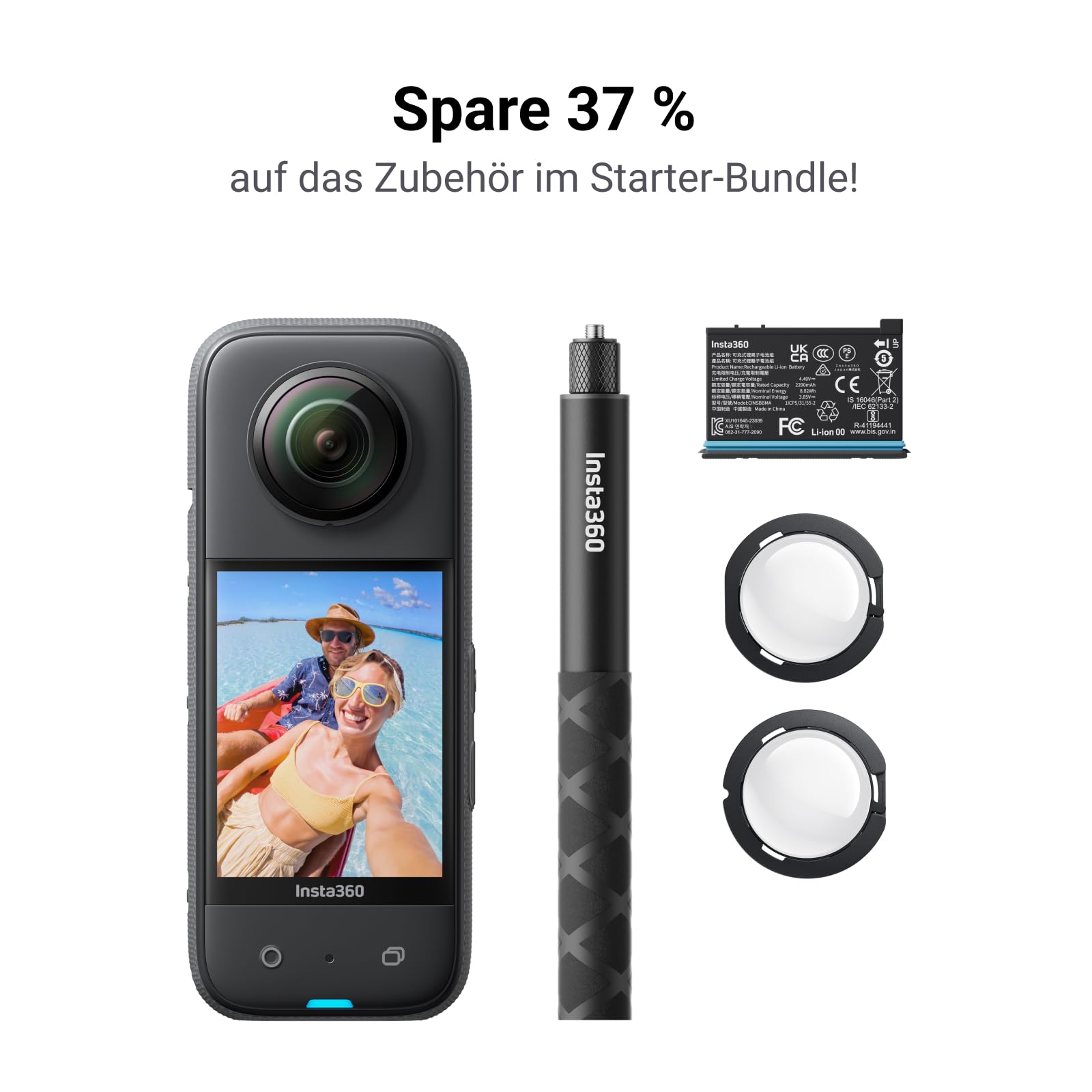 Insta360 X3 Starter-Bundle - wasserdichte 360° Action Kamera mit 1,27 cm (1/2 Zoll)-Sensor, 5,7 K 360°, 72 MP 360° Fotos, Stabilisierung, 5,8 cm (2,29 Zoll)-Touchscreen, Vibrationserkennung