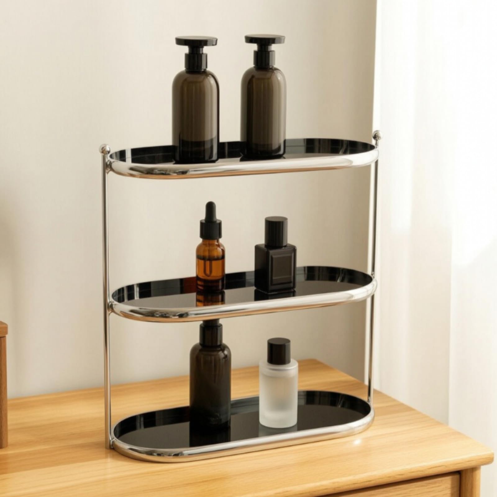 Estante de Almacenamiento de Dos Niveles Organizador de Cosméticos Joyas Maquillaje Perfumes Estantería Acrílica con Estructura Metálica Resistente, Beige, Style to 3