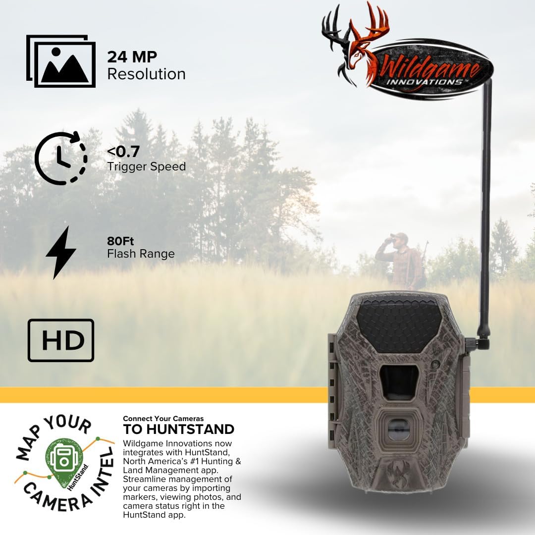 Graphic detailing camera features: 24MP resolution, 0.7s trigger speed, 80ft flash range, HD video, and HuntSmart app connectivity