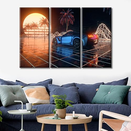 Miniatura 4 de Cyberpunk City Through Neon - Cuadro abstracto para decoración de pared, 3 paneles de los años 80, fondo retro para decoración de pared para