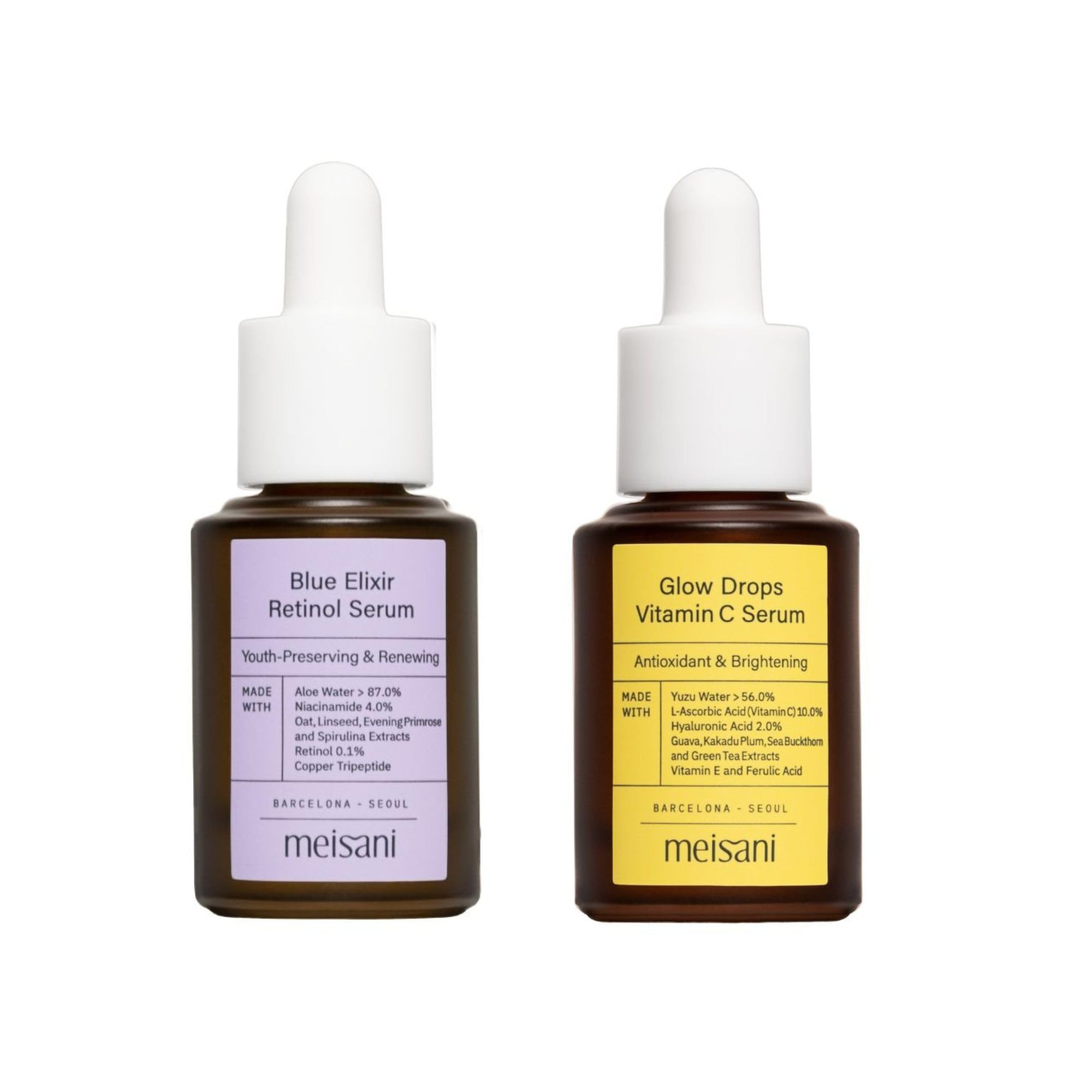 Meisani Pack Dúo Sérums: Glow Drops Vitamin C y Blue Elixir Retinol
