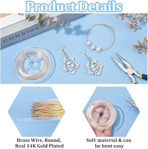 BENECREAT 15m de Alambre de latón Chapado en Oro Real de 14K, Alambre Dorado de Cobre de 0.5mm para Hacer Pulseras, Collares y bisutería - 4