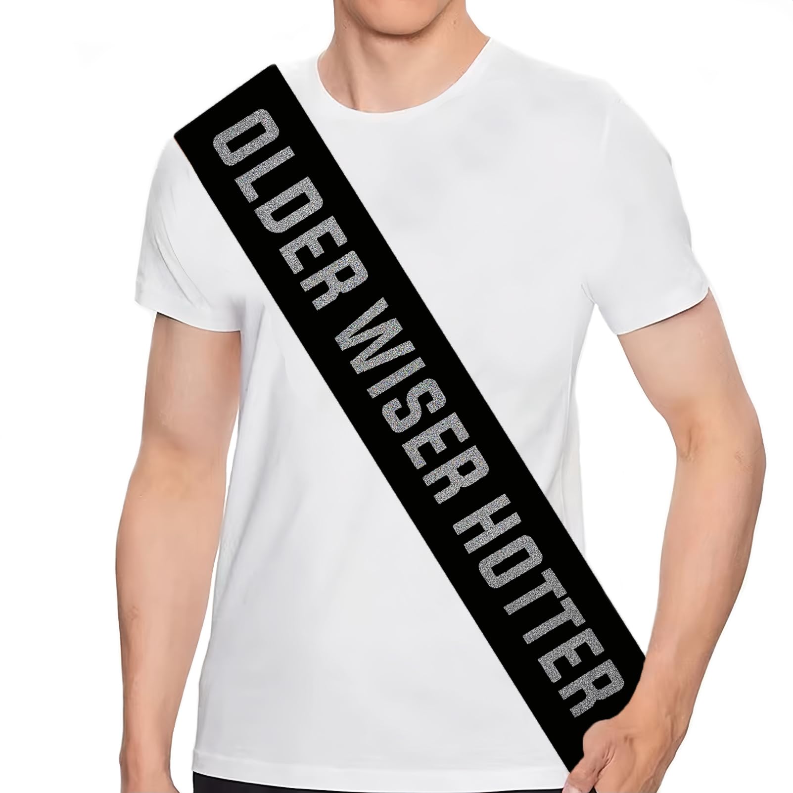 Older Wiser Hotter Sash, Funny Birthday Sash for Women and Men,Birthday Gifts,Black Satin Sash with Silver Glitter Lettering