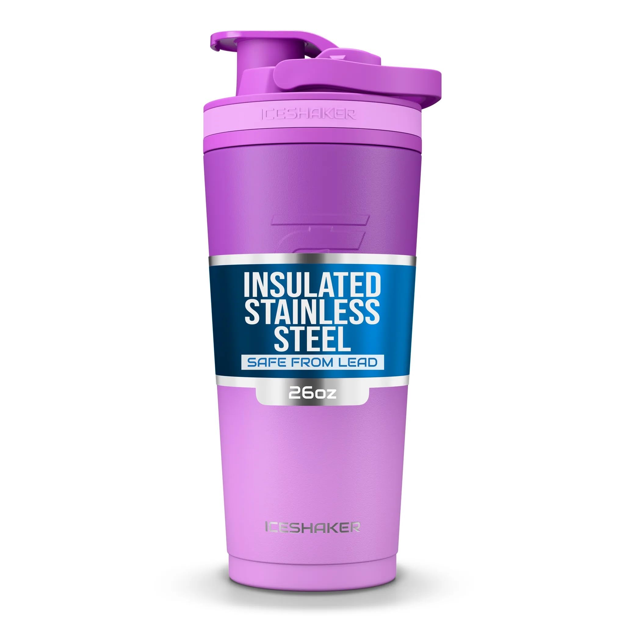Ice Shaker Insulated Stainless Steel Shaker Bottle | 26oz, Purple Color Rush | Cold for 24+ Hours | Insulated Cup with Twist Agitator | Odor-Free