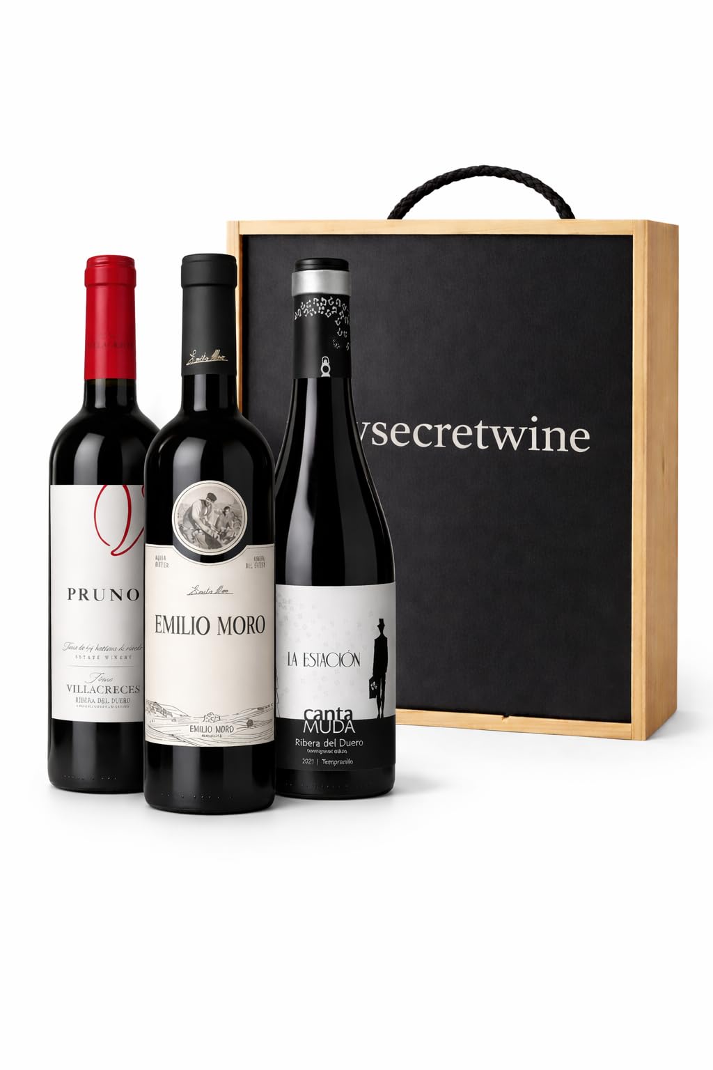 Pack 3 Vinos Ribera del Duero Premium con Caja de Madera (3 botellas x 750ml)| Pruno Villacreces + Emilio Moro + La Estación CantaMuda | Selección Gourmet -MySecretWine-