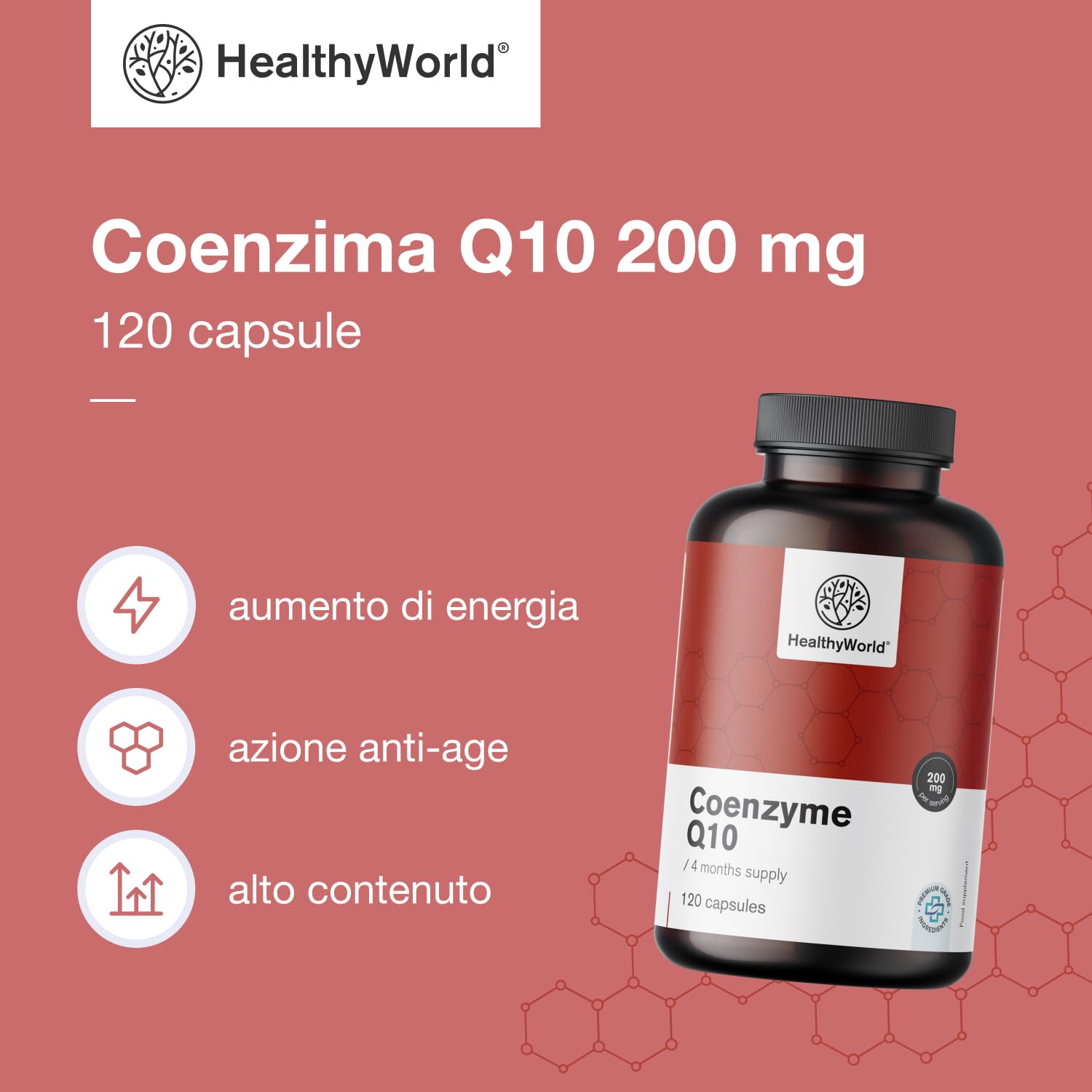 HealthyWorld® Coenzima Q10 200 mg - Alto contenuto, Foritura ottimale - 120 Capsule Vegetali - scorta per 4 mesi – 200 mg di Coenzima Q10 per capsula - Aumento di Energia, Azione Anti-age