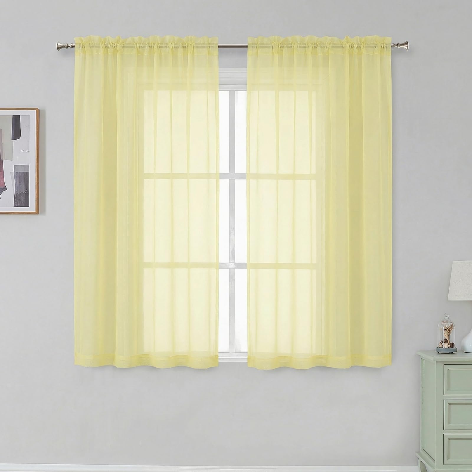 Simplebrand Light Yellow Short Sheer Curtains 45 Inch Length 2 Panels