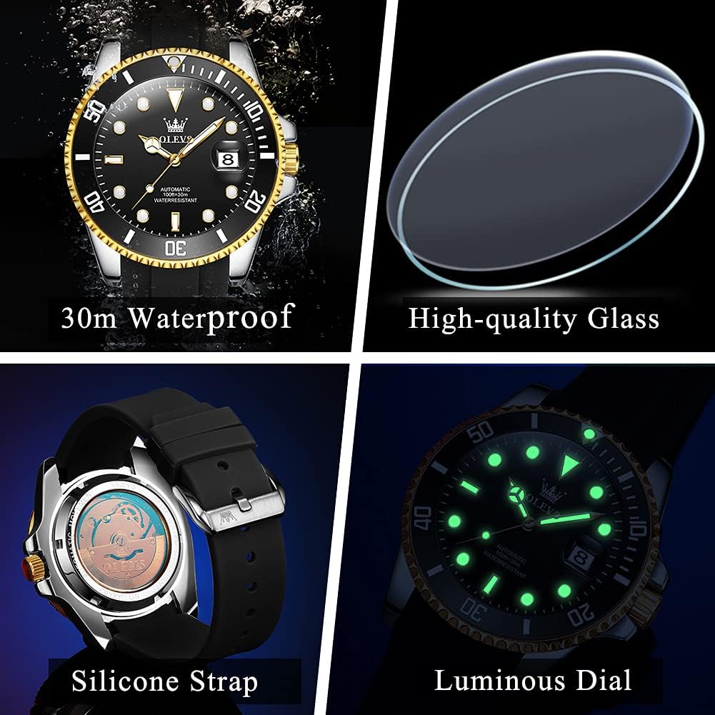 OLEVS Men's Automatic Watch, Large Face Easy to Read Stainless Steel Self Winding Dress Watch, Casual Rotating Bezel Luminous Hands Date Waterproof Mens Wristwatch, Blue/Green/Black Dial