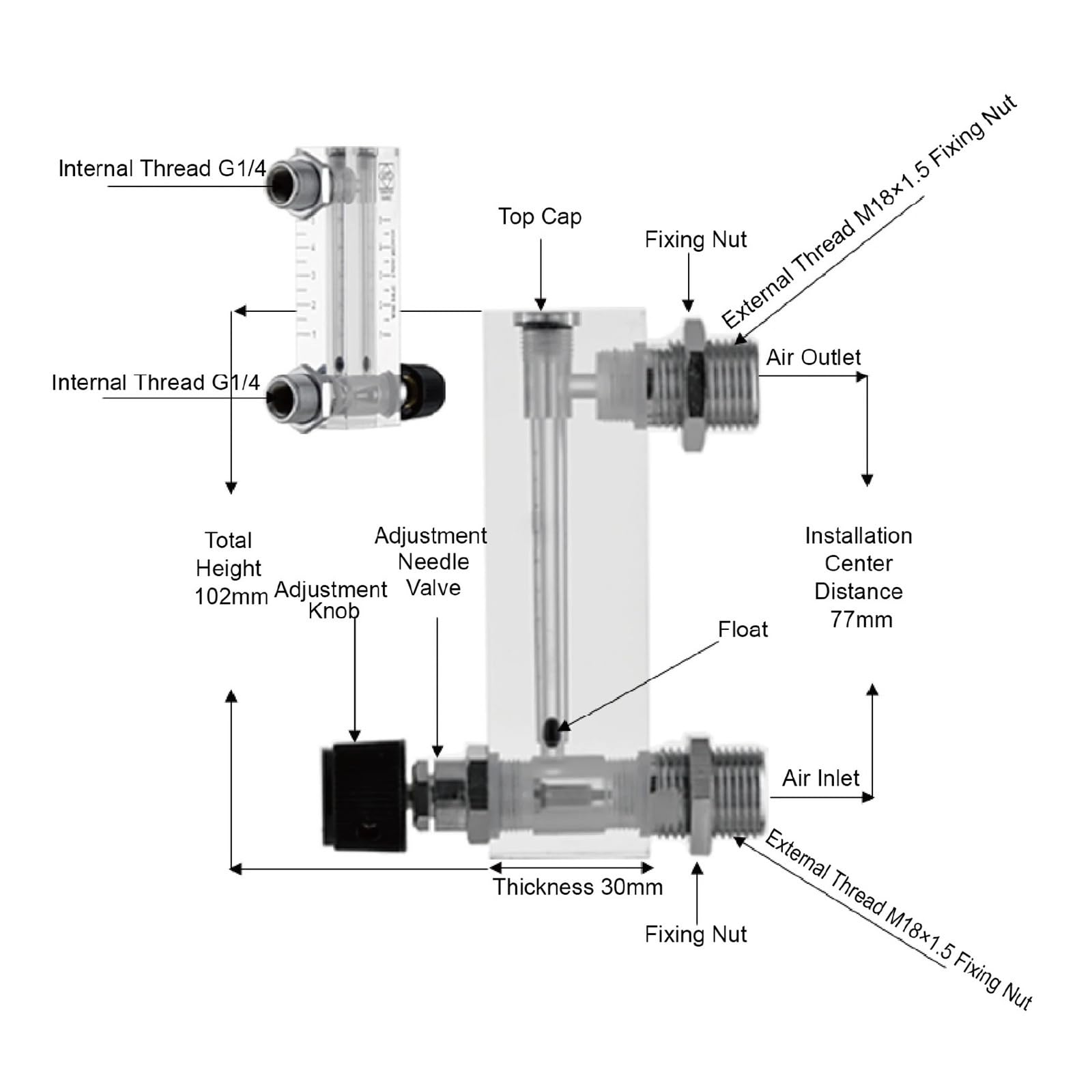 Medidor de flujo de flotador de Panel acrílico LZM-6T, medidor de flujo de área Variable rotámetro de flujo bajo ajustable for líquido(10-70LPM)